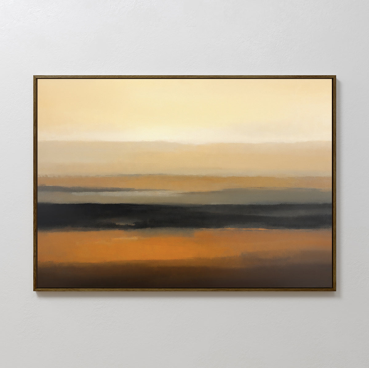 Desert Mirage Canvas Art - Horizontal features horizontal bands of beige, tan, burnt orange, and dark brown, evoking serene desert landscapes. Elegantly framed, this abstract print is perfect for display on a white wall.