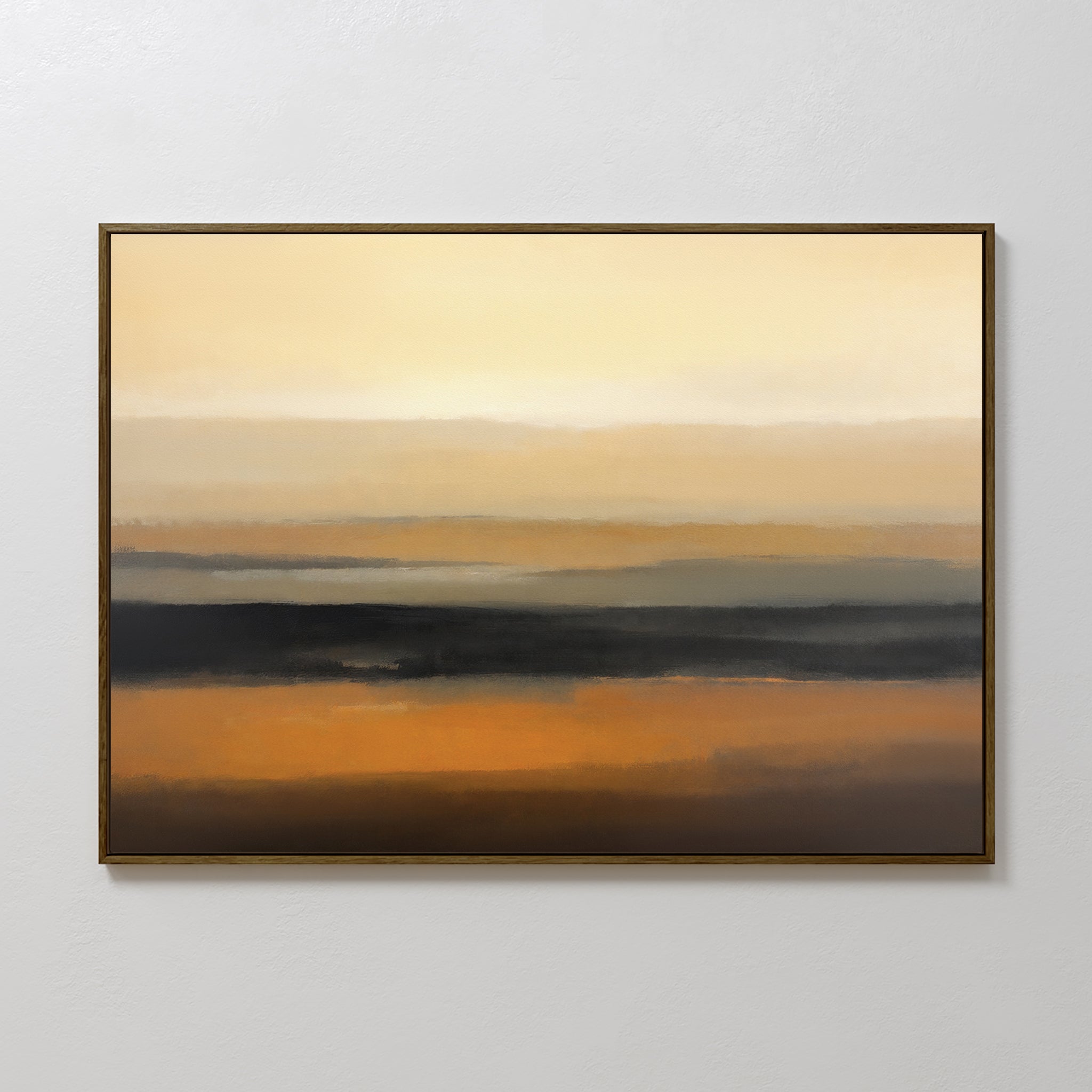 Desert Mirage Canvas Art - Horizontal features horizontal bands of beige, tan, burnt orange, and dark brown, evoking serene desert landscapes. Elegantly framed, this abstract print is perfect for display on a white wall.