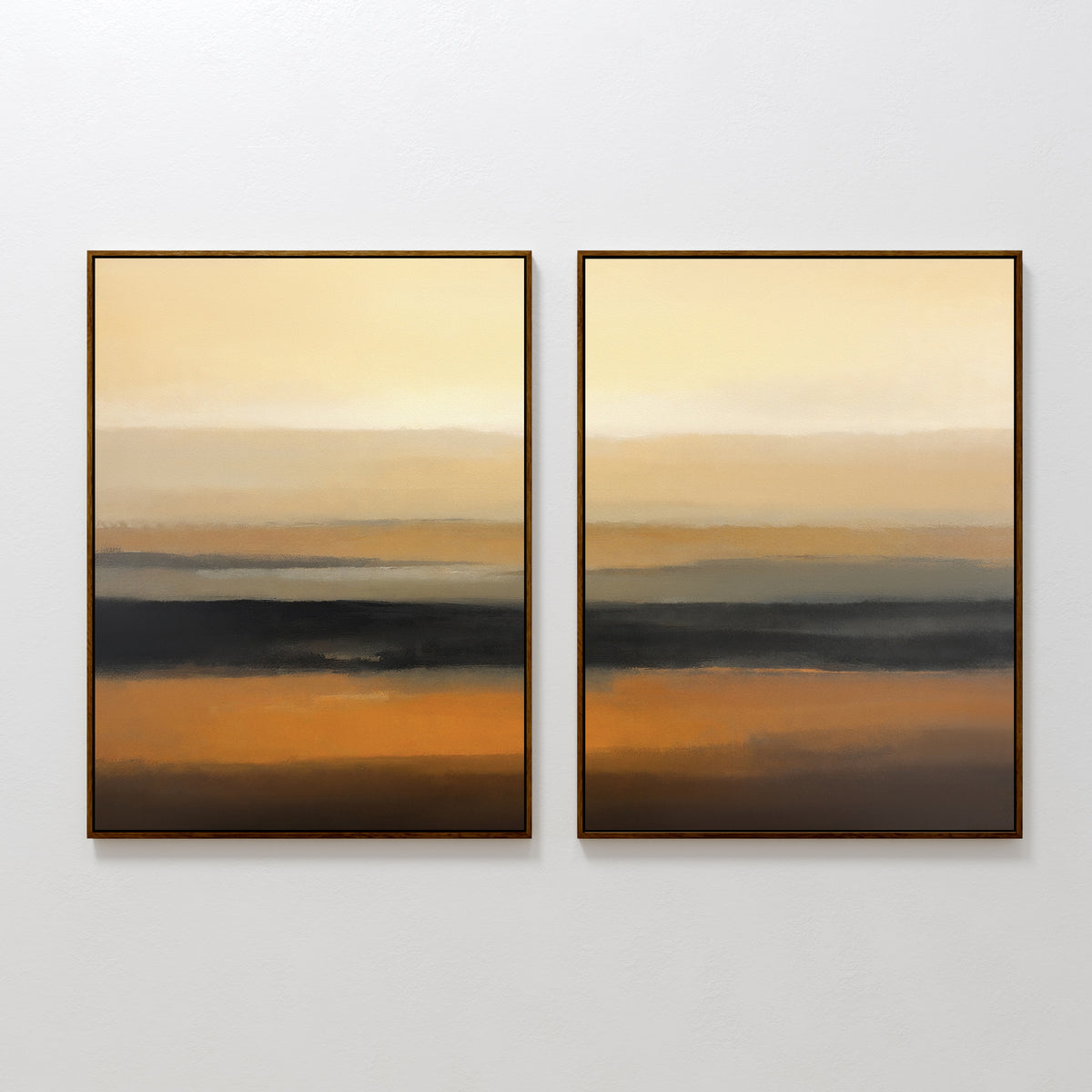 The Desert Mirage - Set Of 2 features framed abstract prints with horizontal bands of beige, ochre, and brown in soft, blurred edges, hanging side by side for a serene, sunset-inspired effect on a white wall.