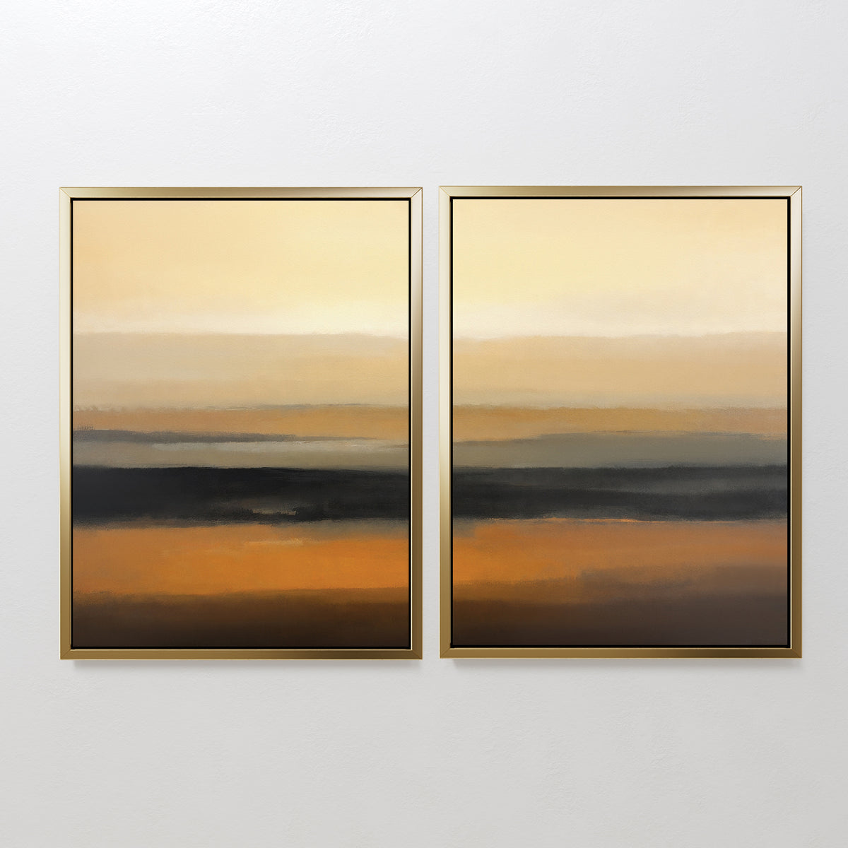 The Desert Mirage - Set Of 2 features framed abstract prints with horizontal earth-tone bands in brown, orange, beige, and black, creating a warm gradient effect. Both paintings are shown side by side on a white wall.