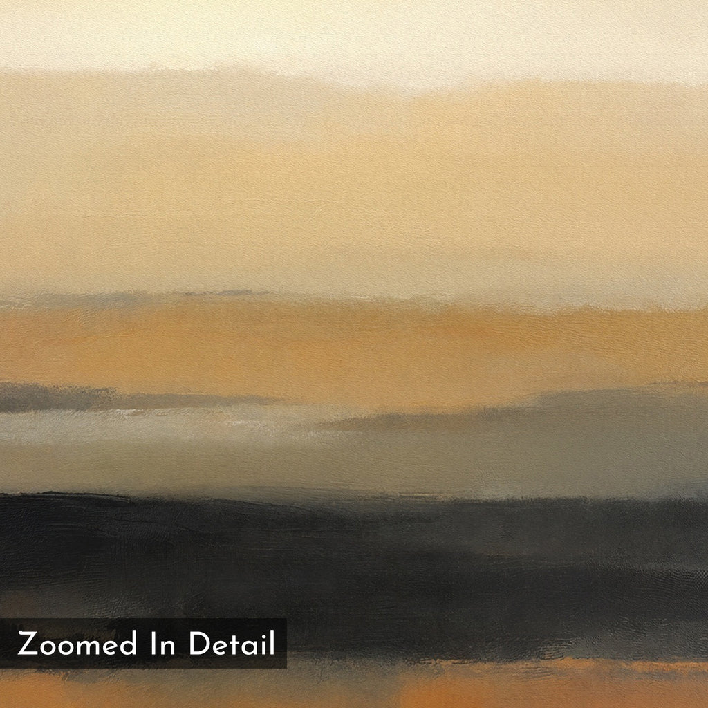The Desert Mirage Canvas Art - Square showcases horizontal bands of beige, tan, brown, and black in a soft painterly style. A "Zoomed In Detail" label appears at the bottom left, evoking a tranquil Nordic Park ambiance.