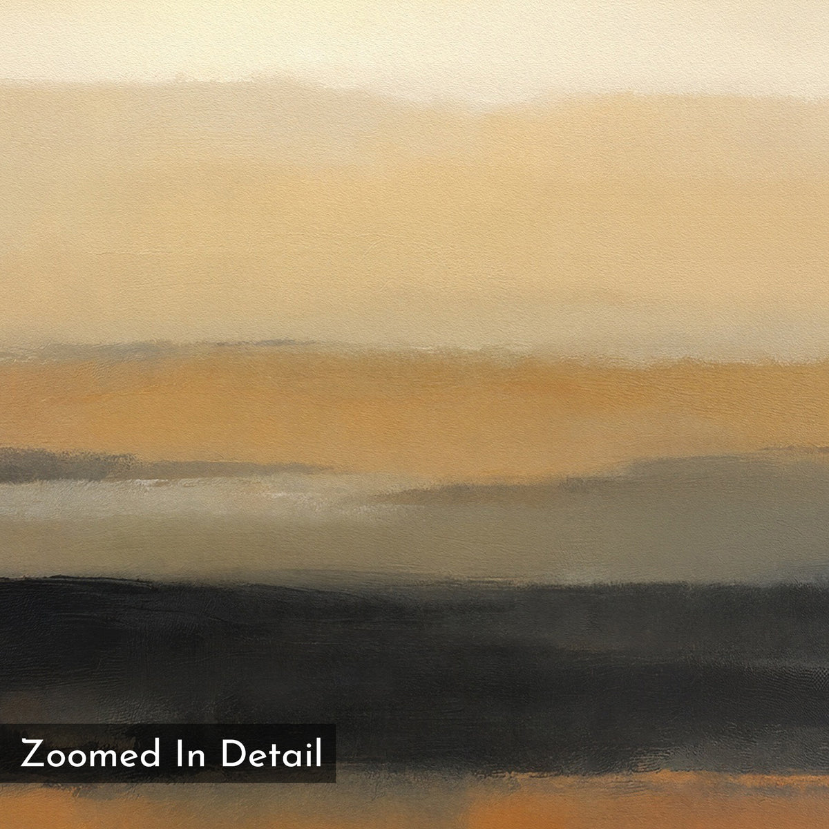 The Desert Mirage Canvas Art - Square showcases horizontal bands of beige, tan, brown, and black in a soft painterly style. A "Zoomed In Detail" label appears at the bottom left, evoking a tranquil Nordic Park ambiance.