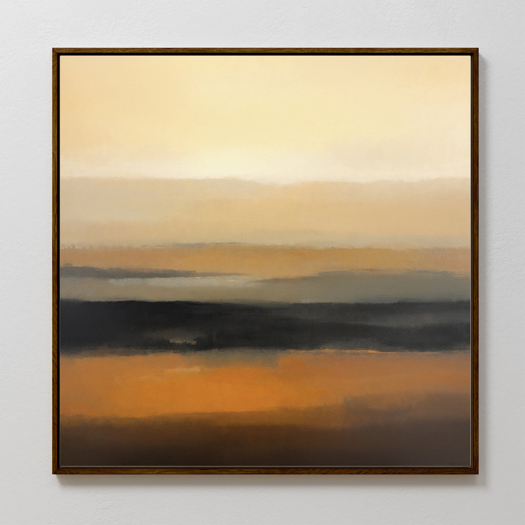 Desert Mirage Canvas Art - Square features abstract horizontal layers of beige, ochre, orange, and dark brown for a soft, blurred landscape inspired by Nordic Park. Framed and showcased on a light-colored wall.
