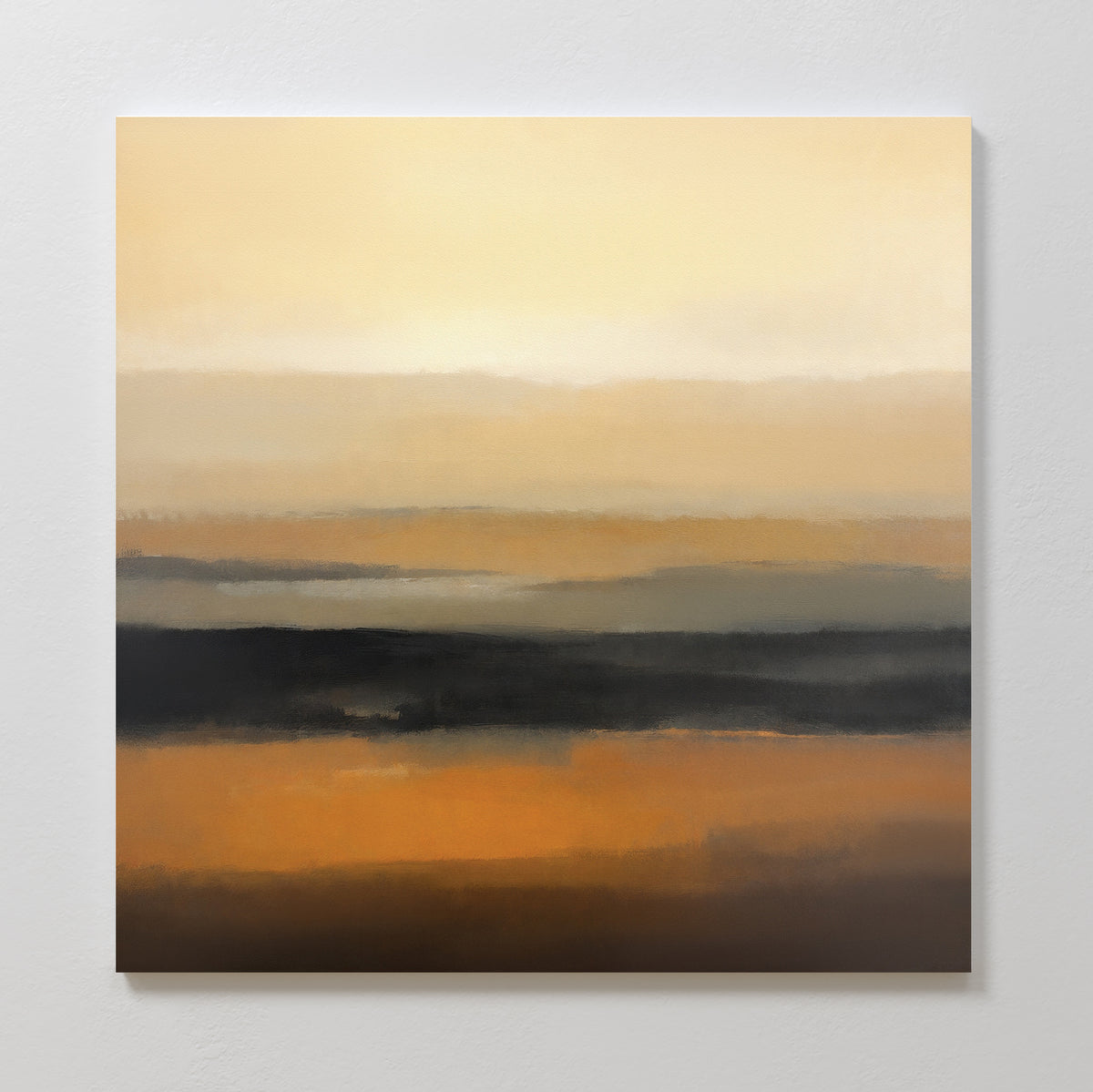 The Desert Mirage Canvas Art - Square features horizontal layers of beige, brown, gold, and black that blend to evoke a serene Nordic park landscape in warm earth tones.