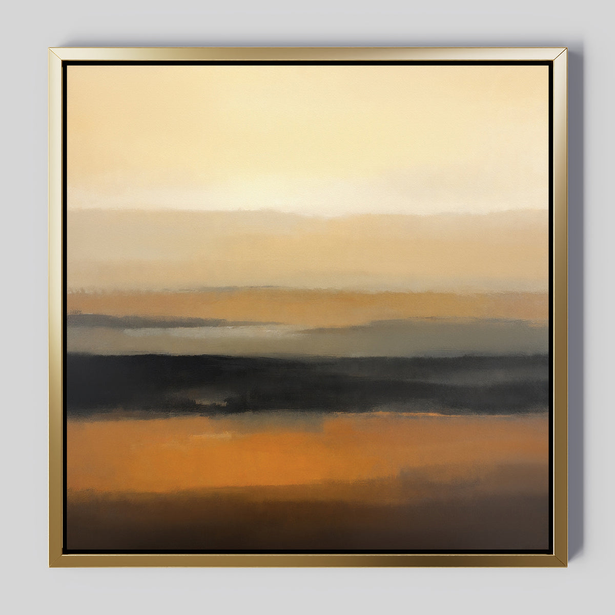 Desert Mirage Canvas Art - Square features abstract horizontal bands in earthy tones—beige, tan, brown, gold, and black—blending softly for a tranquil gradient. Inspired by Nordic Park aesthetics and elegantly framed in gold.