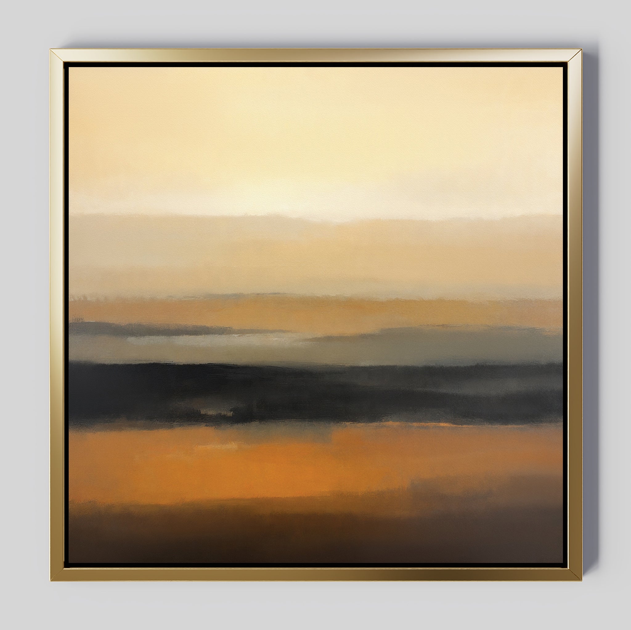Desert Mirage Canvas Art - Square features abstract horizontal bands in earthy tones—beige, tan, brown, gold, and black—blending softly for a tranquil gradient. Inspired by Nordic Park aesthetics and elegantly framed in gold.