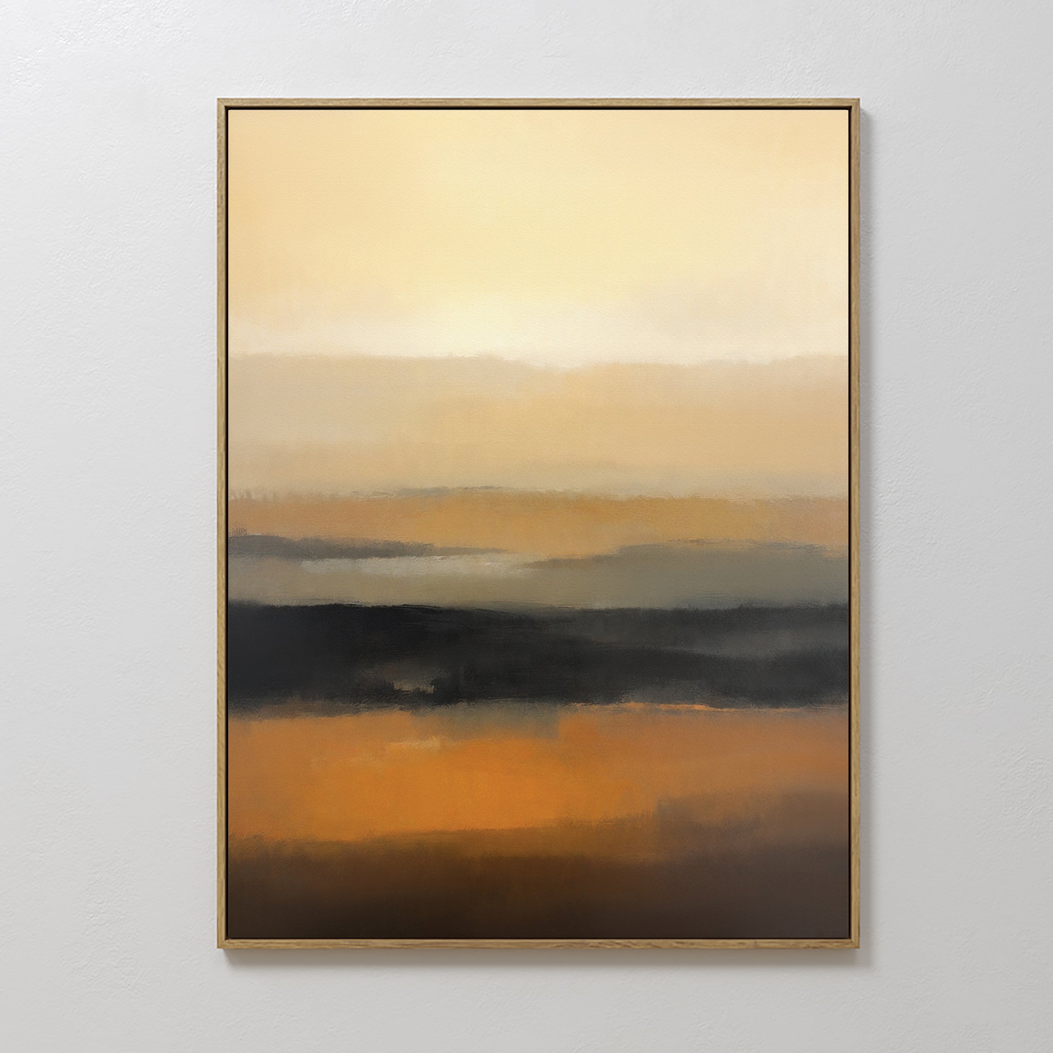 The Desert Mirage Canvas Art - Vertical features softly blended vertical layers of warm earth tones—beige, yellow, orange, and dark brown—on a light background, evoking the serene beauty of desert landscapes.