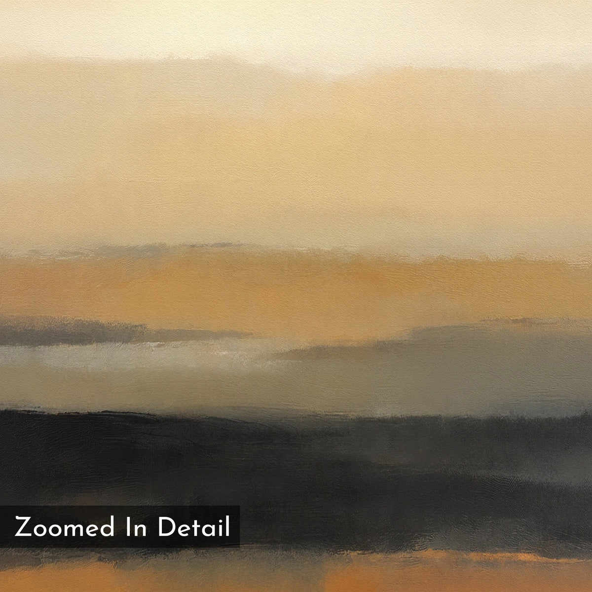 Desert Mirage Canvas Art - Vertical features blended beige, tan, and gray brushstrokes in soothing earth tones, creating a serene abstract reminiscent of desert landscapes. "Zoomed In Detail" text appears at the bottom left.