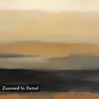Desert Mirage Canvas Art - Vertical features blended beige, tan, and gray brushstrokes in soothing earth tones, creating a serene abstract reminiscent of desert landscapes. "Zoomed In Detail" text appears at the bottom left.