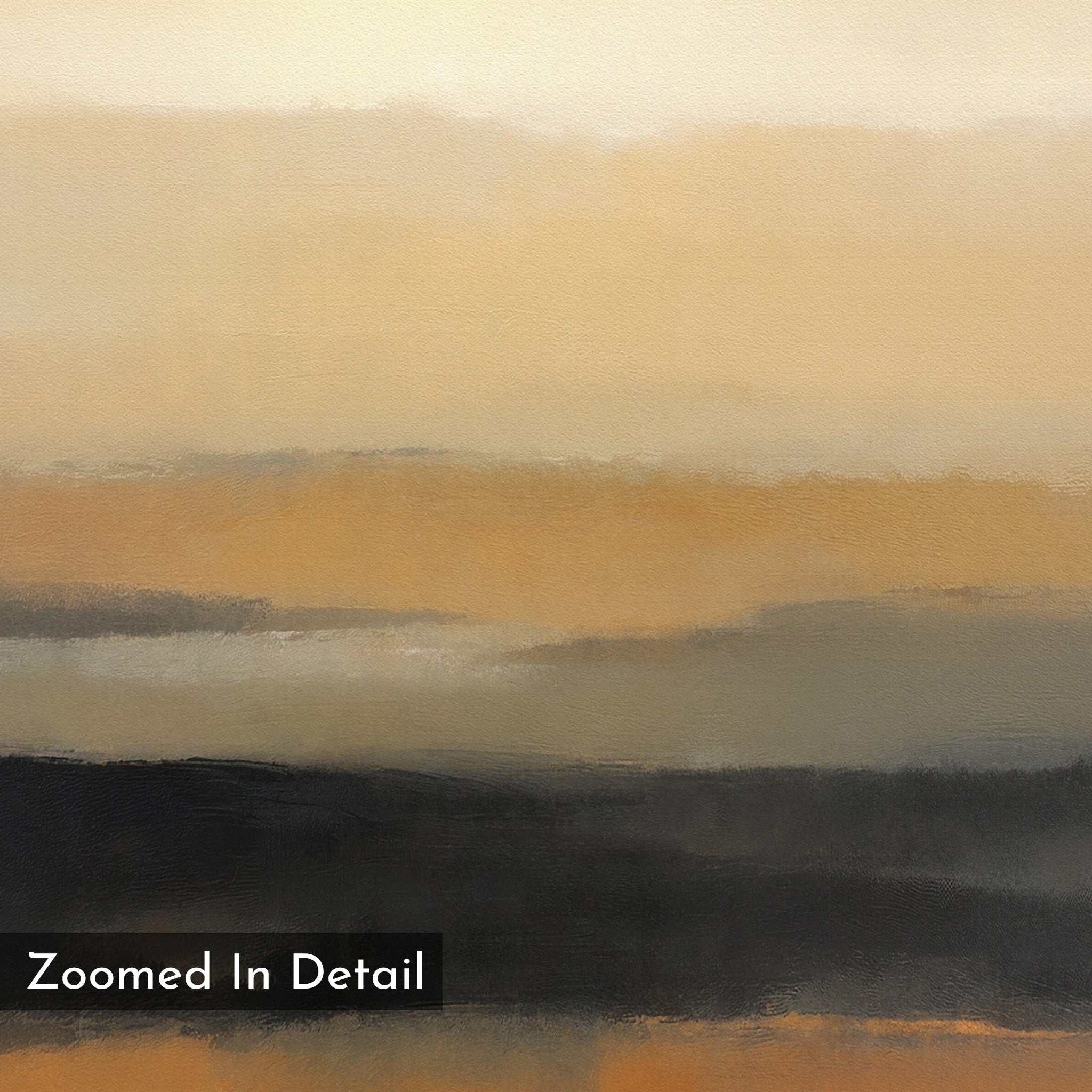 Desert Mirage Canvas Art - Vertical features blended beige, tan, and gray brushstrokes in soothing earth tones, creating a serene abstract reminiscent of desert landscapes. "Zoomed In Detail" text appears at the bottom left.