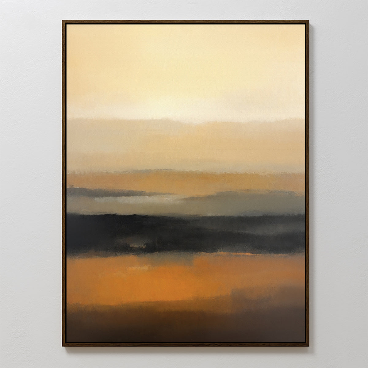 Desert Mirage Canvas Art - Vertical features softly blended vertical bands of beige, tan, brown, and black earth tones for a serene, atmospheric effect. This framed abstract print is displayed on a plain light-colored wall.