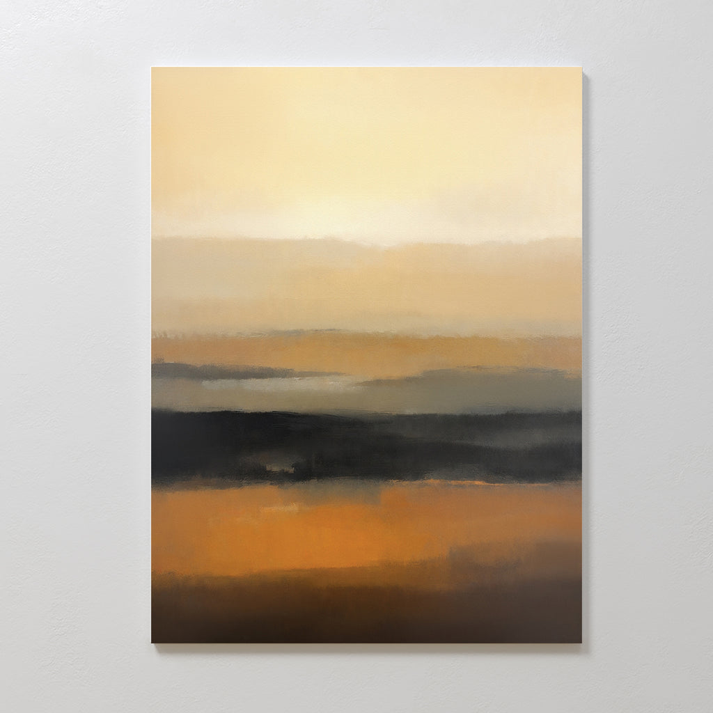 Desert Mirage Canvas Art - Vertical displays softly blended horizontal layers in warm earth tones of orange, brown, beige, and black, evoking a tranquil desert landscape. The abstract print is mounted on a plain white wall.