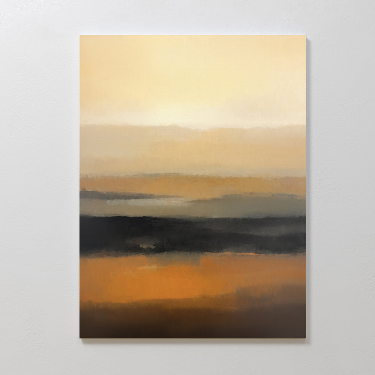 Desert Mirage Canvas Art - Vertical displays softly blended horizontal layers in warm earth tones of orange, brown, beige, and black, evoking a tranquil desert landscape. The abstract print is mounted on a plain white wall.