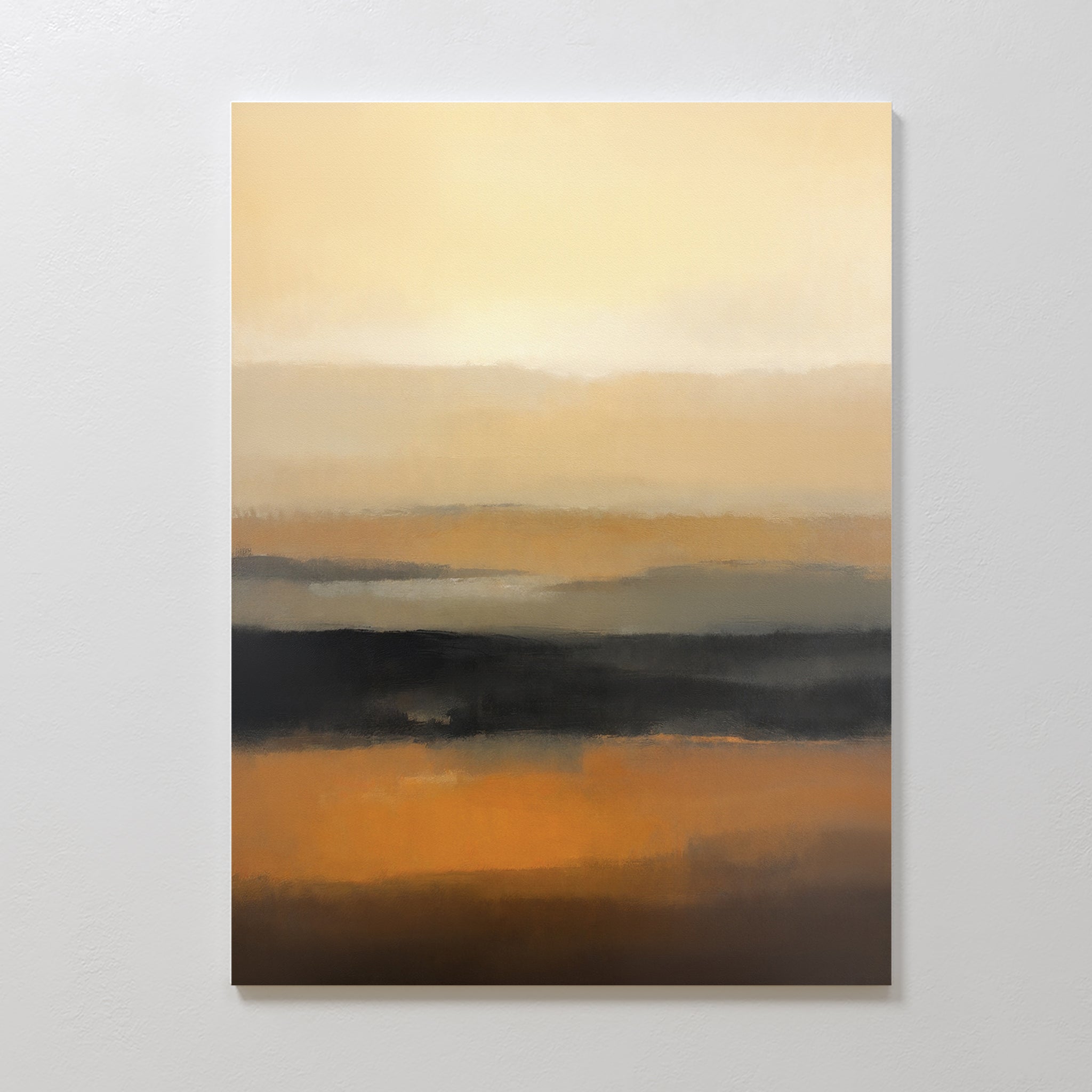 Desert Mirage Canvas Art - Vertical displays softly blended horizontal layers in warm earth tones of orange, brown, beige, and black, evoking a tranquil desert landscape. The abstract print is mounted on a plain white wall.