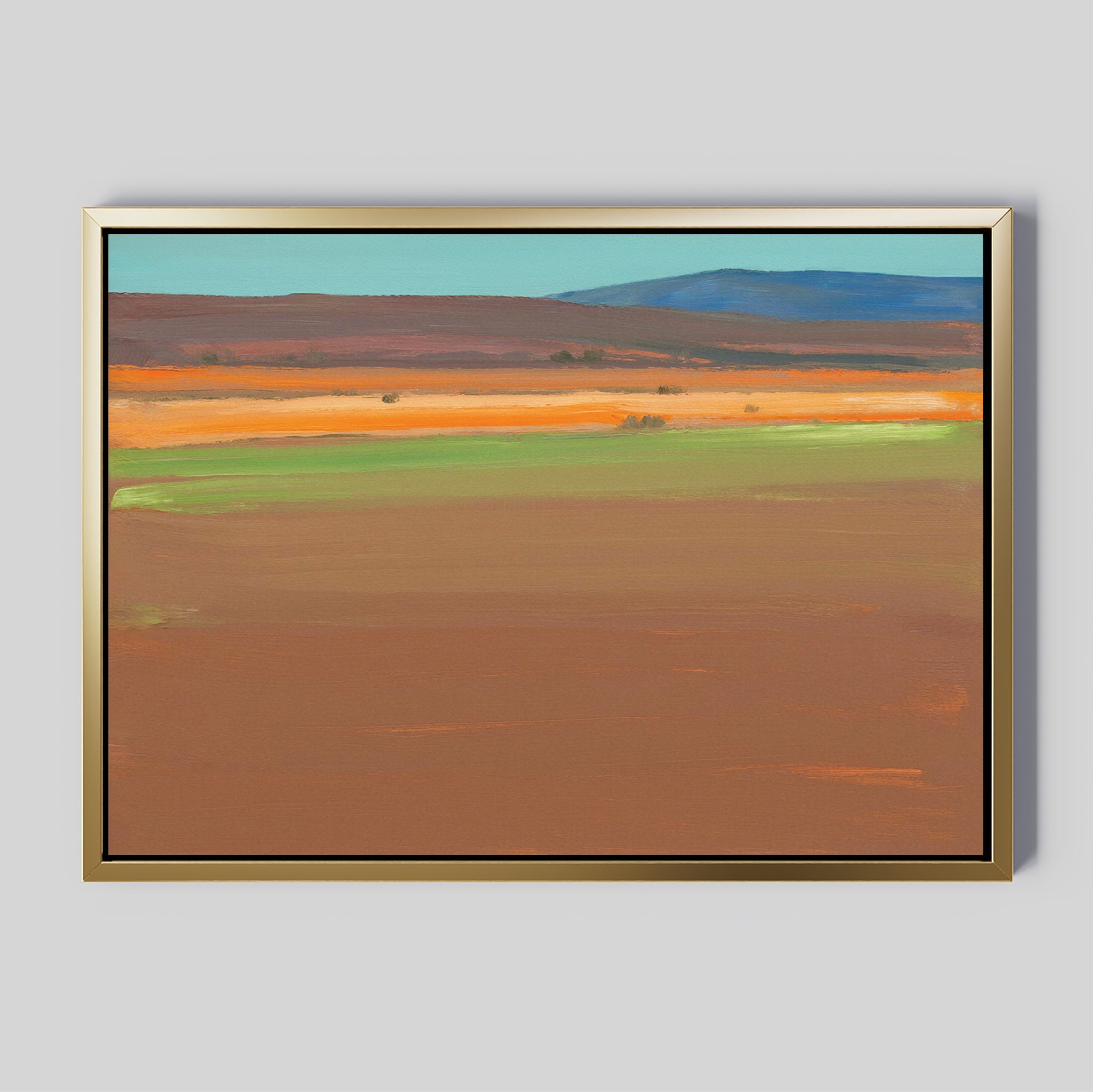Desert Plains Canvas Art - Horizontal features a framed abstract landscape with wide horizontal bands of brown, orange, green, and blue, evoking fields and hills beneath an open sky for a warm southwestern look.