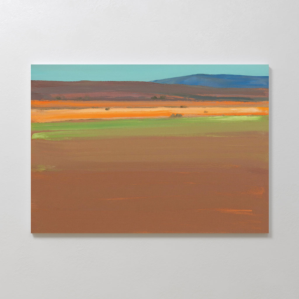 Desert Plains Canvas Art - Horizontal features minimalist bands of brown, green, and orange for a southwestern vibe. Blue hills and a pale sky complete this striking canvas print—ideal for modern decor.