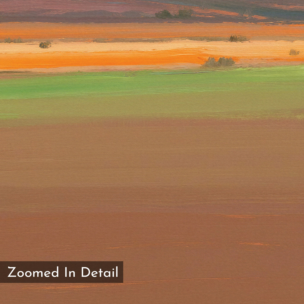 A zoomed-in section of the Desert Plains Canvas Art - Horizontal showcases southwestern desert plains in earthy browns, greens, oranges, and yellows with small shrubs and far-off hills. The phrase “Zoomed In Detail” appears in the lower left corner.