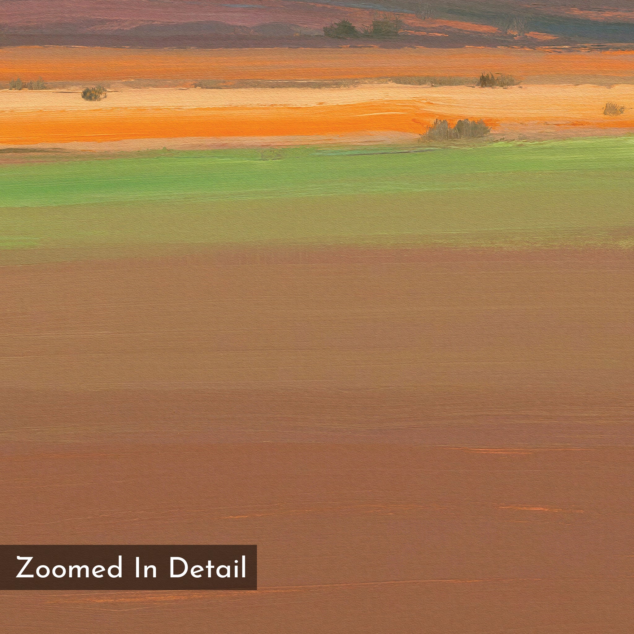 A zoomed-in section of the Desert Plains Canvas Art - Horizontal showcases southwestern desert plains in earthy browns, greens, oranges, and yellows with small shrubs and far-off hills. The phrase “Zoomed In Detail” appears in the lower left corner.