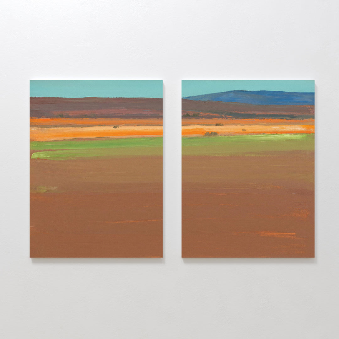 Desert Plains - Set of 2: Abstract landscape paintings with horizontal bands of brown, orange, green, and blue evoke a serene desert scene under a pale sky—ideal as southwestern wall art or canvas prints.