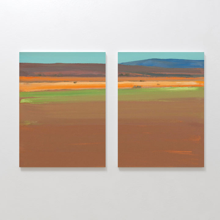 Desert Plains - Set of 2: Abstract landscape paintings with horizontal bands of brown, orange, green, and blue evoke a serene desert scene under a pale sky—ideal as southwestern wall art or canvas prints.