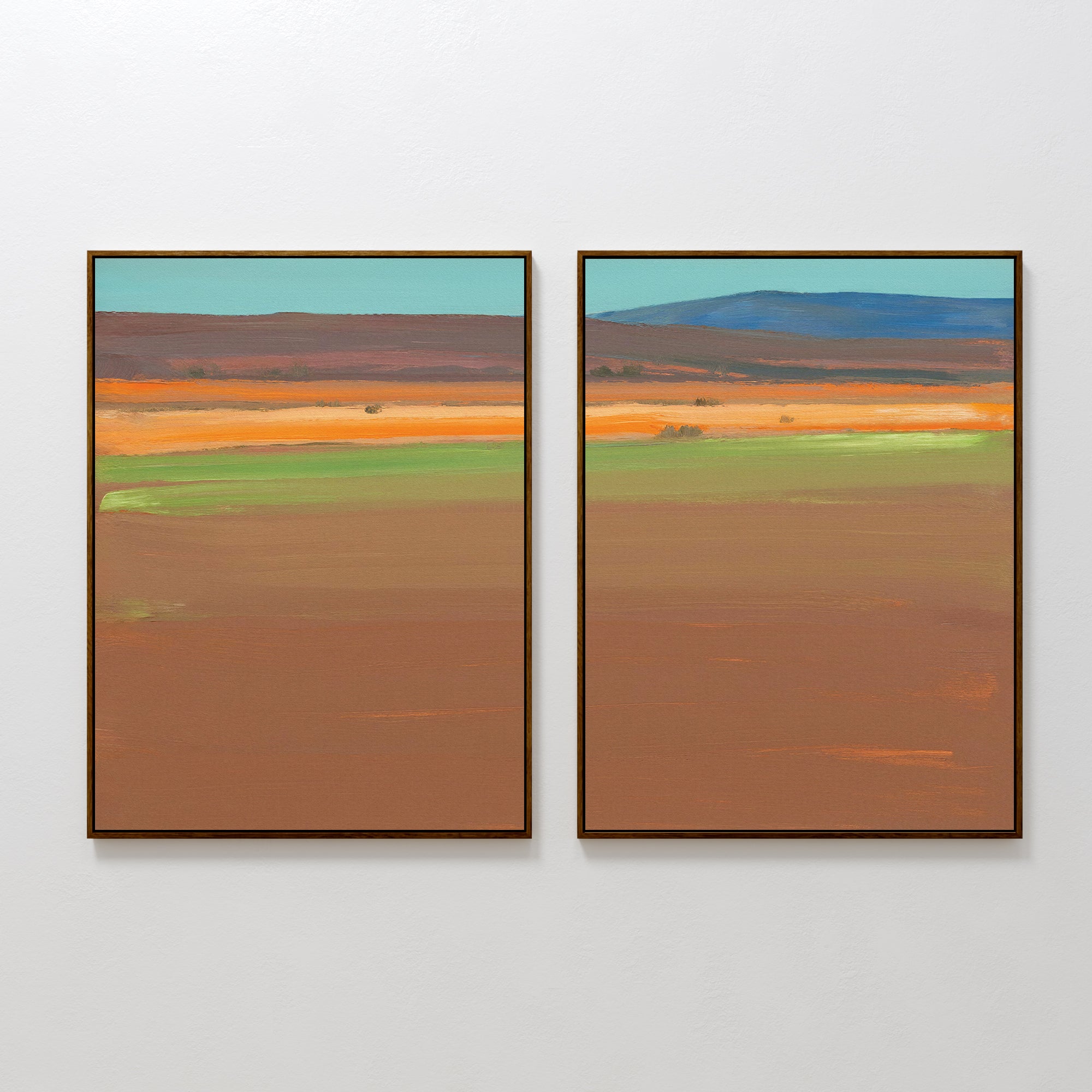 The Desert Plains - Set of 2 features framed abstract landscape canvas prints with horizontal bands of brown, orange, green, and blue, evoking a serene desert scene for striking southwestern wall art.
