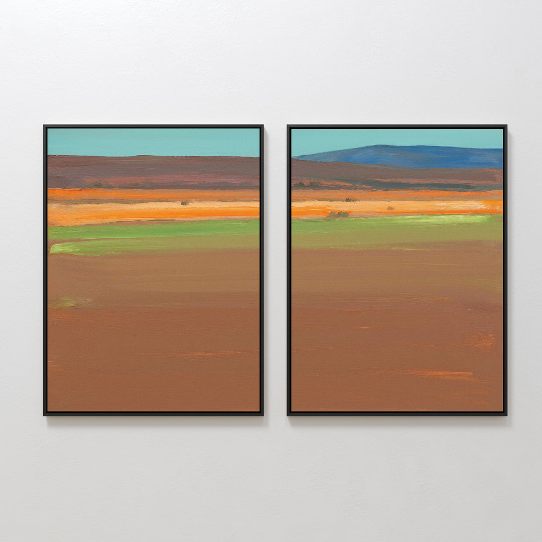 Desert Plains - Set of 2: Framed abstract canvas prints with horizontal bands of earthy brown, orange, green, and blue, evoking a desert landscape and adding southwestern style to any space.