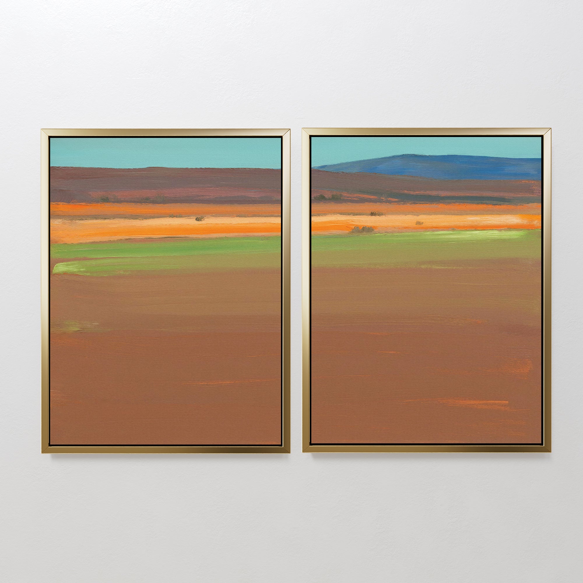 The "Desert Plains - Set of 2" features framed canvas prints of abstract desert landscapes with horizontal earthy brown, orange, and green bands, each offering a distinct southwestern wall art style.