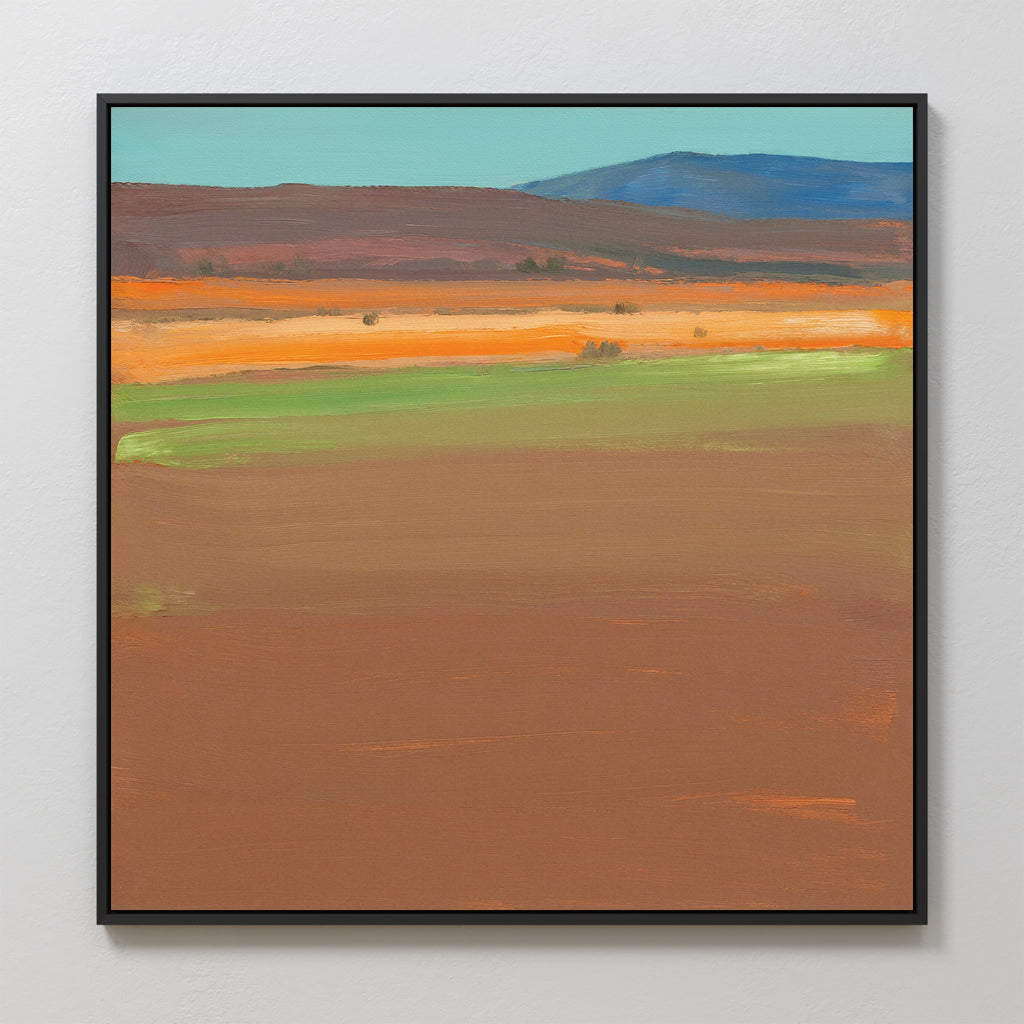 Desert Plains Canvas Art - Square features a framed abstract landscape with broad horizontal bands of earthy brown, green, orange, and blue, evoking distant hills—a perfect southwestern accent for modern living room decor.