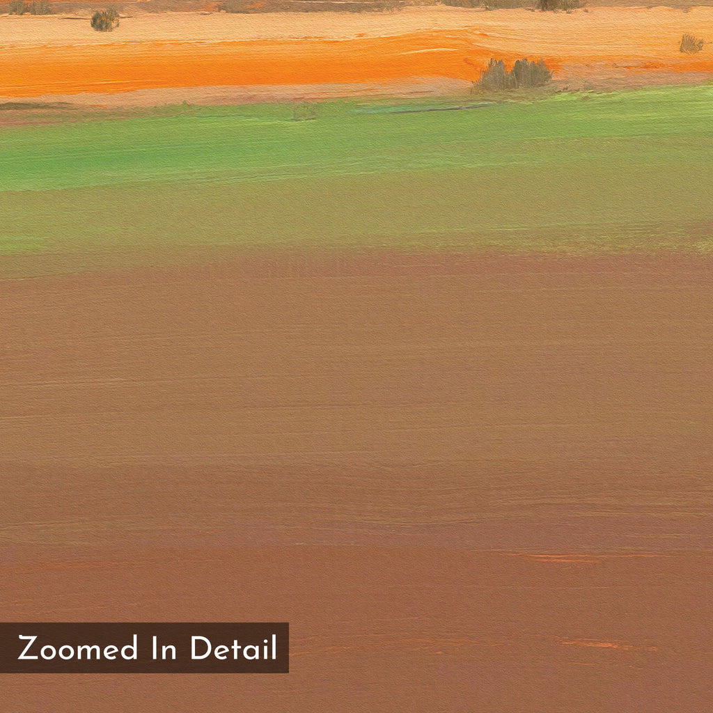 The Desert Plains Canvas Art - Square features green and orange hues reminiscent of southwestern landscapes, bringing a natural touch to your space.