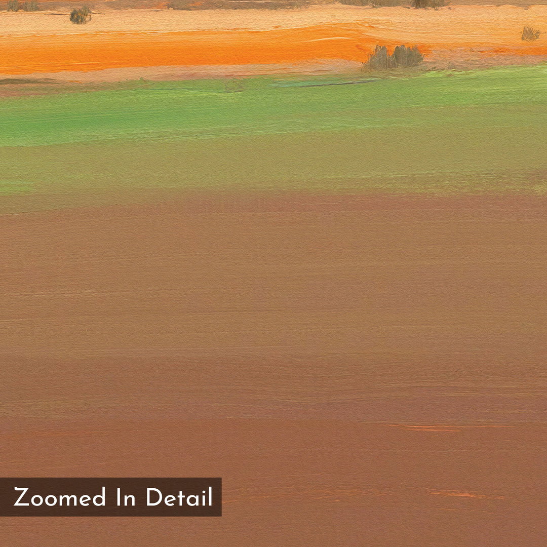 The Desert Plains Canvas Art - Square features green and orange hues reminiscent of southwestern landscapes, bringing a natural touch to your space.