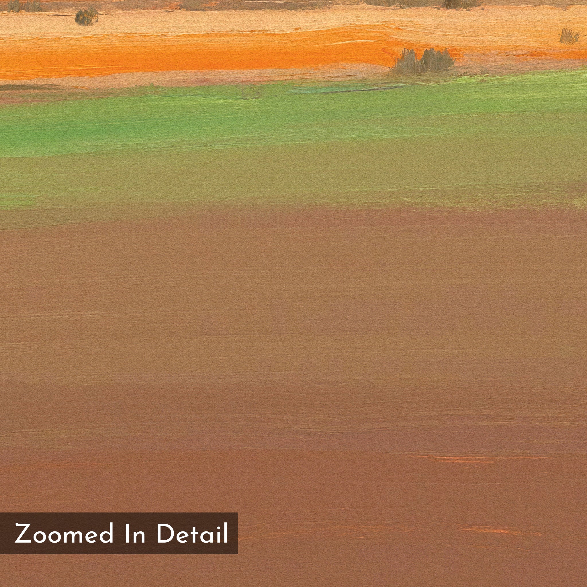 The Desert Plains Canvas Art - Square features green and orange hues reminiscent of southwestern landscapes, bringing a natural touch to your space.