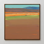 Desert Plains Canvas Art - Square features broad brushstrokes of earthy browns, orange, green, and blue in an abstract landscape of rolling hills beneath a blue sky. Ideal as southwestern or modern decor, it comes framed with a simple dark border.
