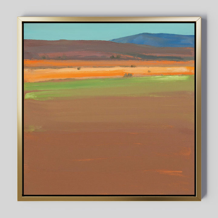 Desert Plains Canvas Art - Square: A framed abstract landscape with broad bands of brown, orange, green, and blue that evokes southwestern fields and hills beneath a blue sky—ideal for modern living room decor.