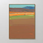 Desert Plains Canvas Art - Vertical features broad bands of brown, green, orange, and blue in an abstract landscape style—ideal southwestern wall art to elevate modern living room decor. Framed and shown on a white wall.