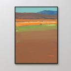 Desert Plains Canvas Art - Vertical features an abstract landscape with brown, green, and orange bands, blue sky, and black frame—ideal southwestern wall art for a modern living room.