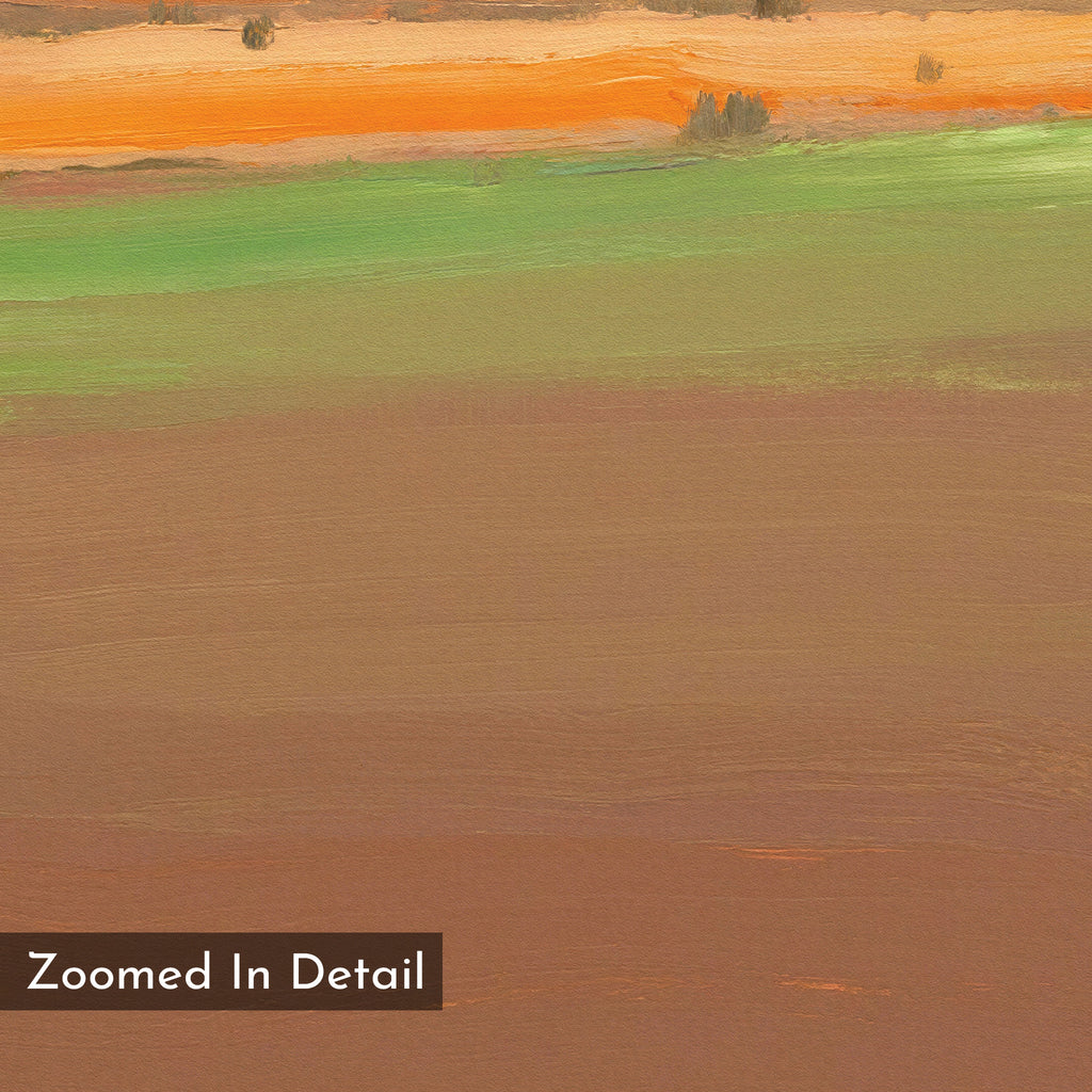 Zoomed in detail of the Desert Plains Canvas Art - Vertical, featuring broad bands of earthy brown, green, and orange—perfect for modern living room decor. Label reading "Zoomed In Detail" appears in the lower left corner.