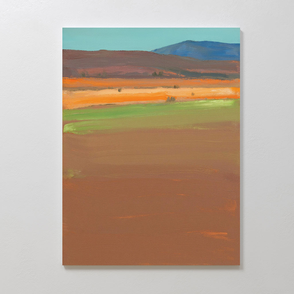 Desert Plains Canvas Art - Vertical features abstract, impressionistic bands of earthy brown, green, orange, and yellow with distant blue hills beneath a pale sky, evoking southwestern landscape wall art.
