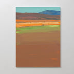 Desert Plains Canvas Art - Vertical features abstract, impressionistic bands of earthy brown, green, orange, and yellow with distant blue hills beneath a pale sky, evoking southwestern landscape wall art.