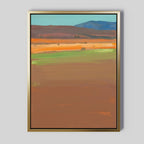 The Desert Plains Canvas Art - Vertical features earthy browns, oranges, green accents, red hills, and blue mountains beneath a pale sky—perfect as striking southwestern wall art for any modern living room.