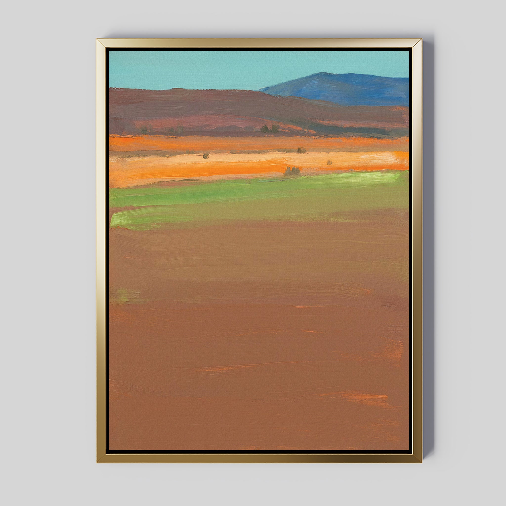 The Desert Plains Canvas Art - Vertical features earthy browns, oranges, green accents, red hills, and blue mountains beneath a pale sky—perfect as striking southwestern wall art for any modern living room.