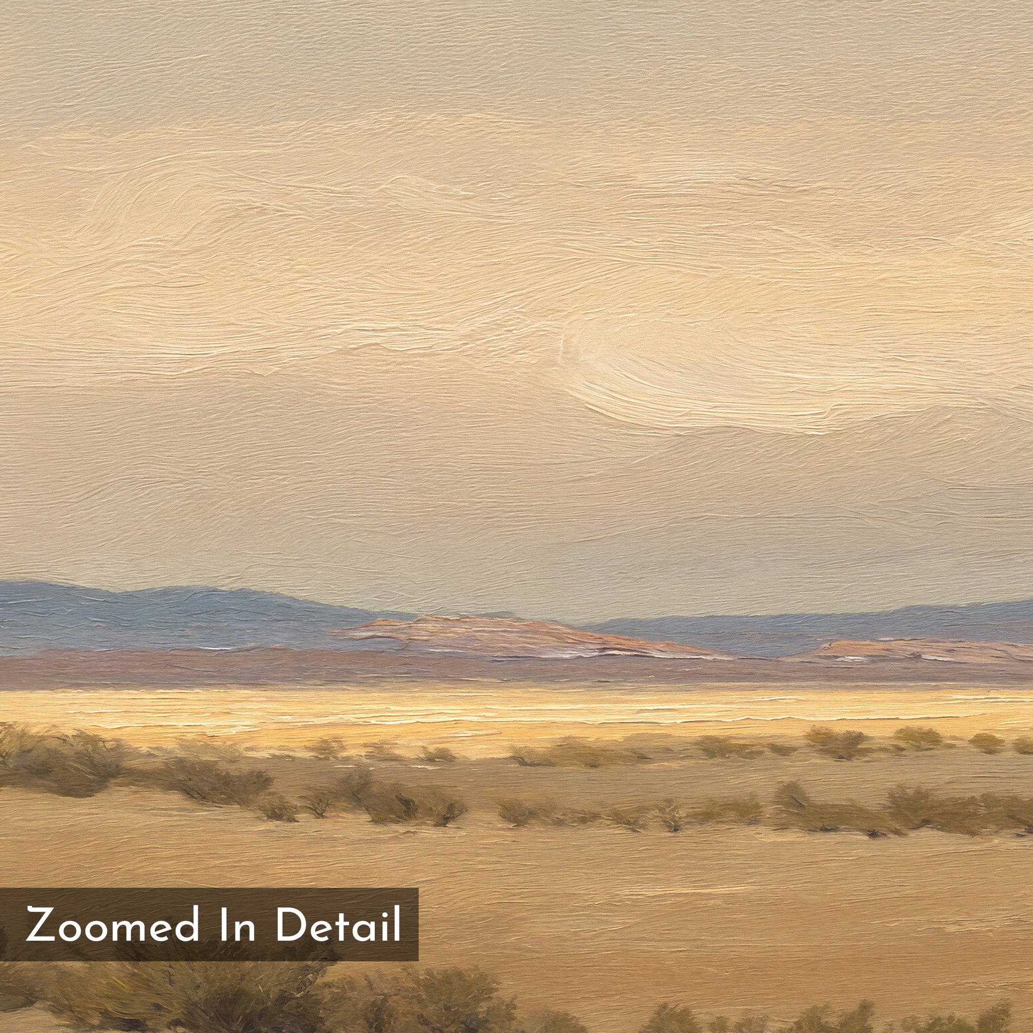 The "Desert Solitude Canvas Art - Horizontal" features a zoomed-in textured desert scene with sandy ground, sparse bushes, blue mountains in the distance, and a cloudy sky—perfect southwestern decor with a "Zoomed In Detail" caption in the corner.