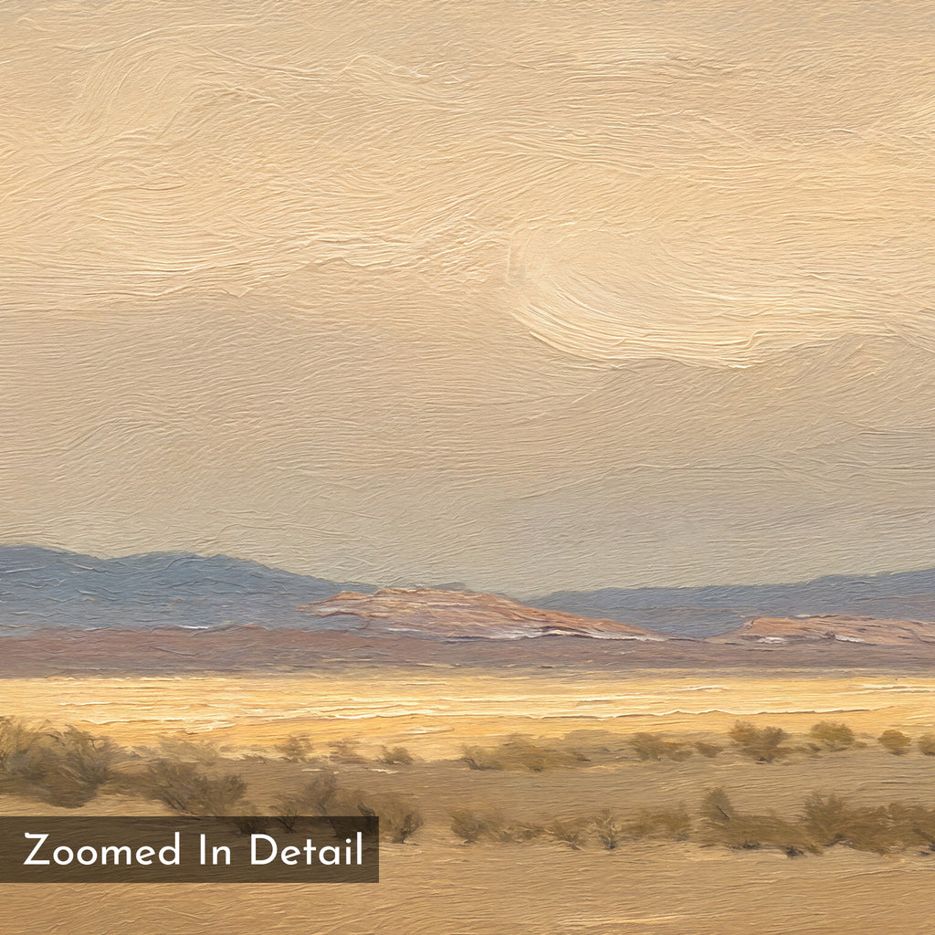 A close-up of Desert Solitude Canvas Art - Square reveals painted sandy terrain, low bushes, distant hills, and a cloudy sky with textured brushstrokes. "Zoomed In Detail" is displayed in the bottom left corner.