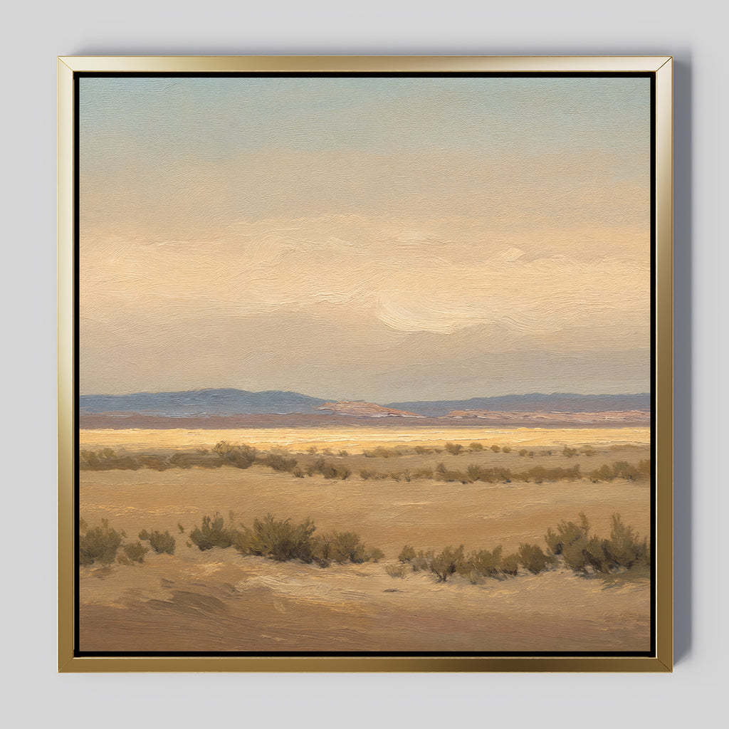 Desert Solitude Canvas Art - Square features a serene southwestern landscape with dry shrubs, distant mountains, and a pastel sky. The gold frame with black inner border makes this wall decor perfect for any space.