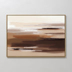 Desert Winds Canvas Art - Horizontal features broad, horizontal brushstrokes in warm brown, beige, and cream tones. This earth-toned abstract artwork is framed in a slim gold frame and shown against a white wall.