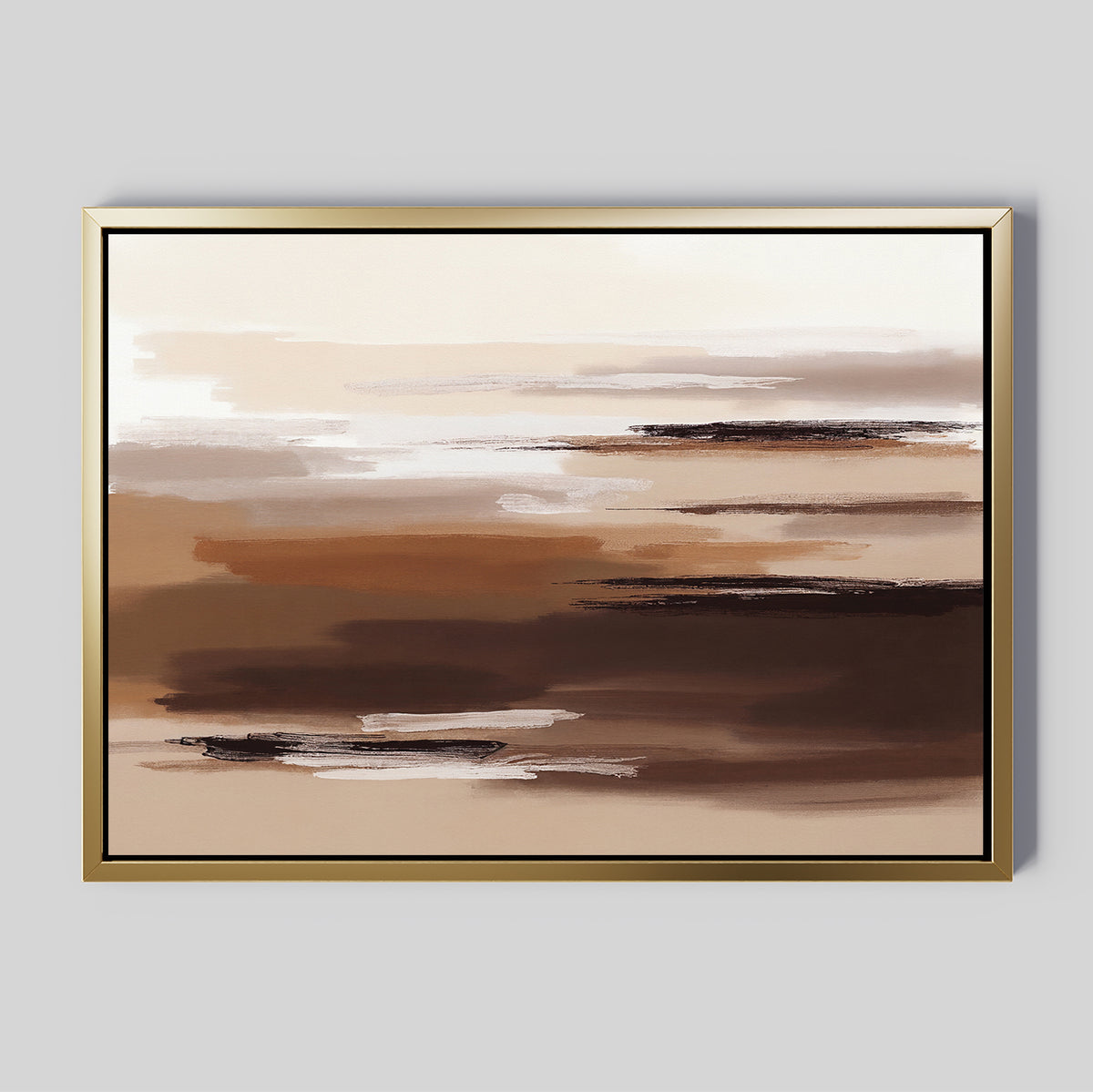 Desert Winds Canvas Art - Horizontal features abstract brushstrokes in earthy browns, beige, and white on a light gray background. Framed in gold, this serene piece evokes a Nordic park landscape with its layered composition.