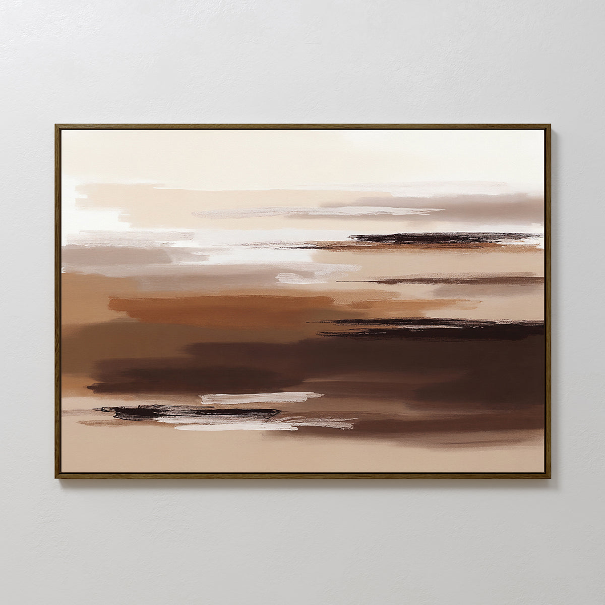 Desert Winds Canvas Art - Horizontal showcases layered, textured brushstrokes in brown, beige, and cream earth tones. This framed artwork stands out beautifully when displayed on a plain white wall.
