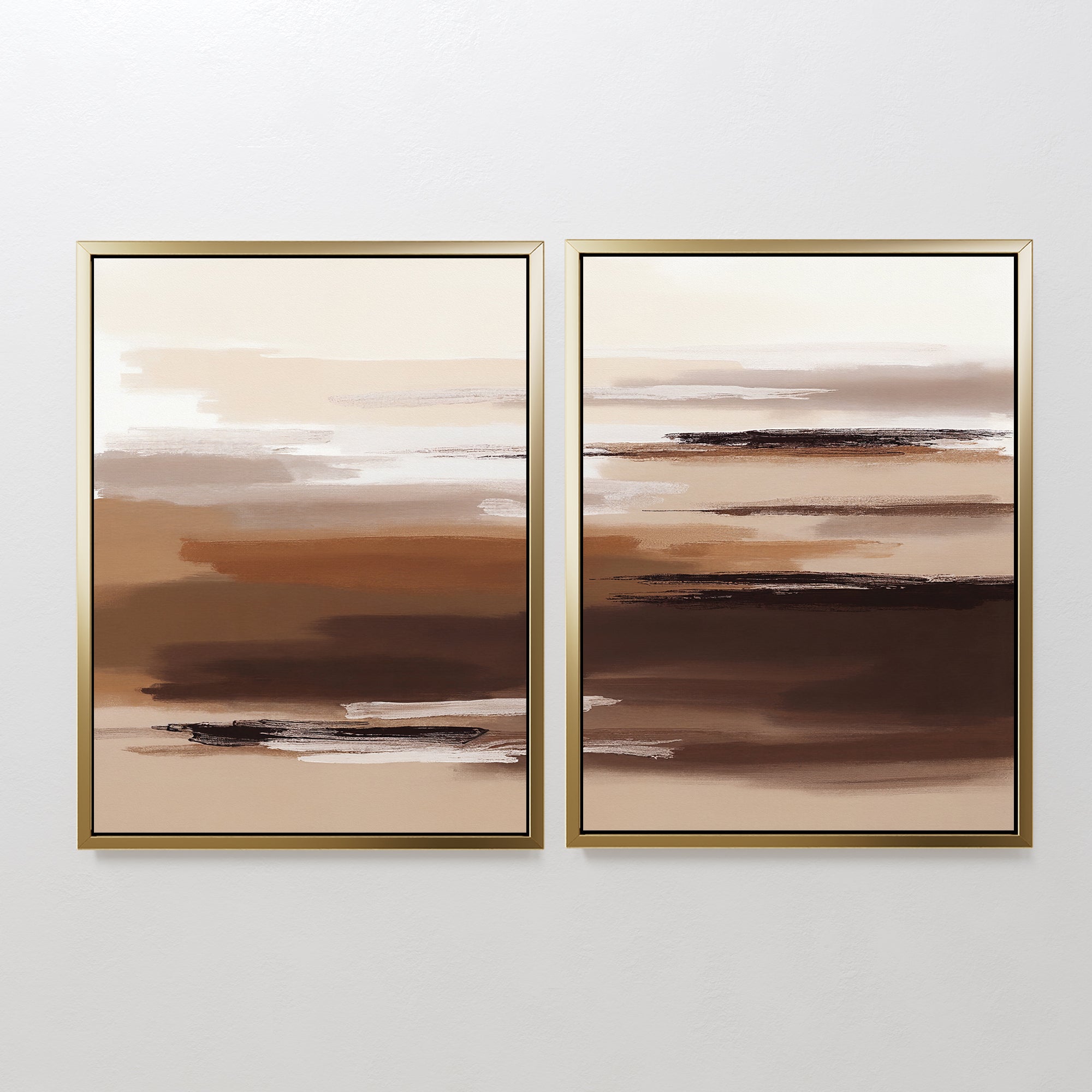 The Desert Winds - Set Of 2 features framed abstract prints with horizontal brushstrokes in calming earth tones, bringing a serene Nordic Park landscape vibe to any white wall.