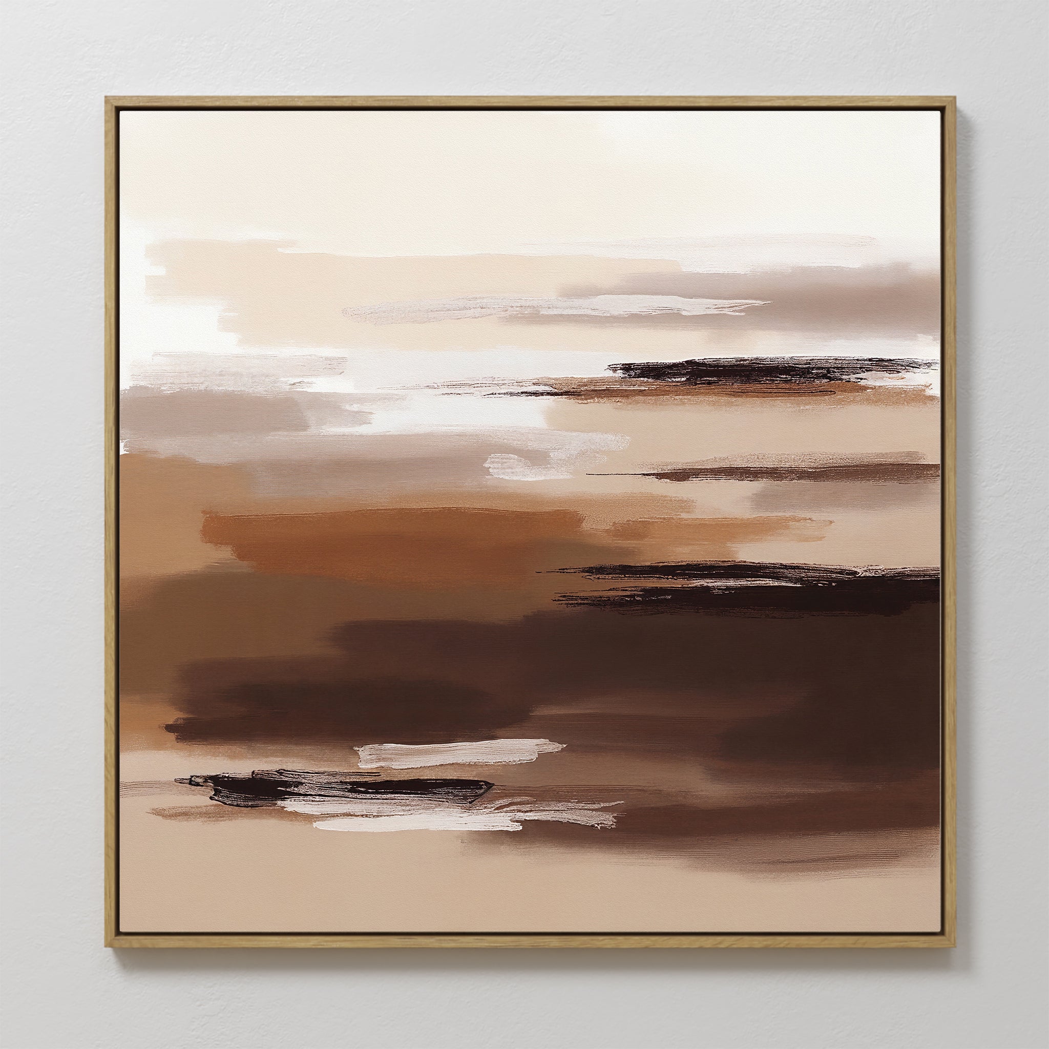 Desert Winds Canvas Art - Square features horizontal brushstrokes in brown, beige, and white for a soft, textured earth-tone landscape. Finished with a slim gold border, it’s the perfect Nordic Park-inspired abstract wall art.