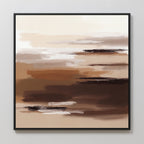 The Desert Winds Canvas Art - Square features abstract horizontal brushstrokes in brown, beige, white, and black tones for a layered earth-inspired look. This framed print is shown on a white wall.