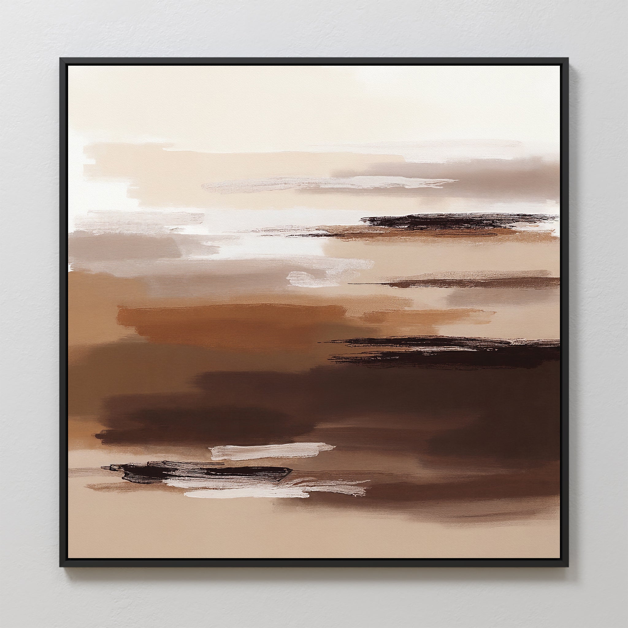The Desert Winds Canvas Art - Square features abstract horizontal brushstrokes in brown, beige, white, and black tones for a layered earth-inspired look. This framed print is shown on a white wall.
